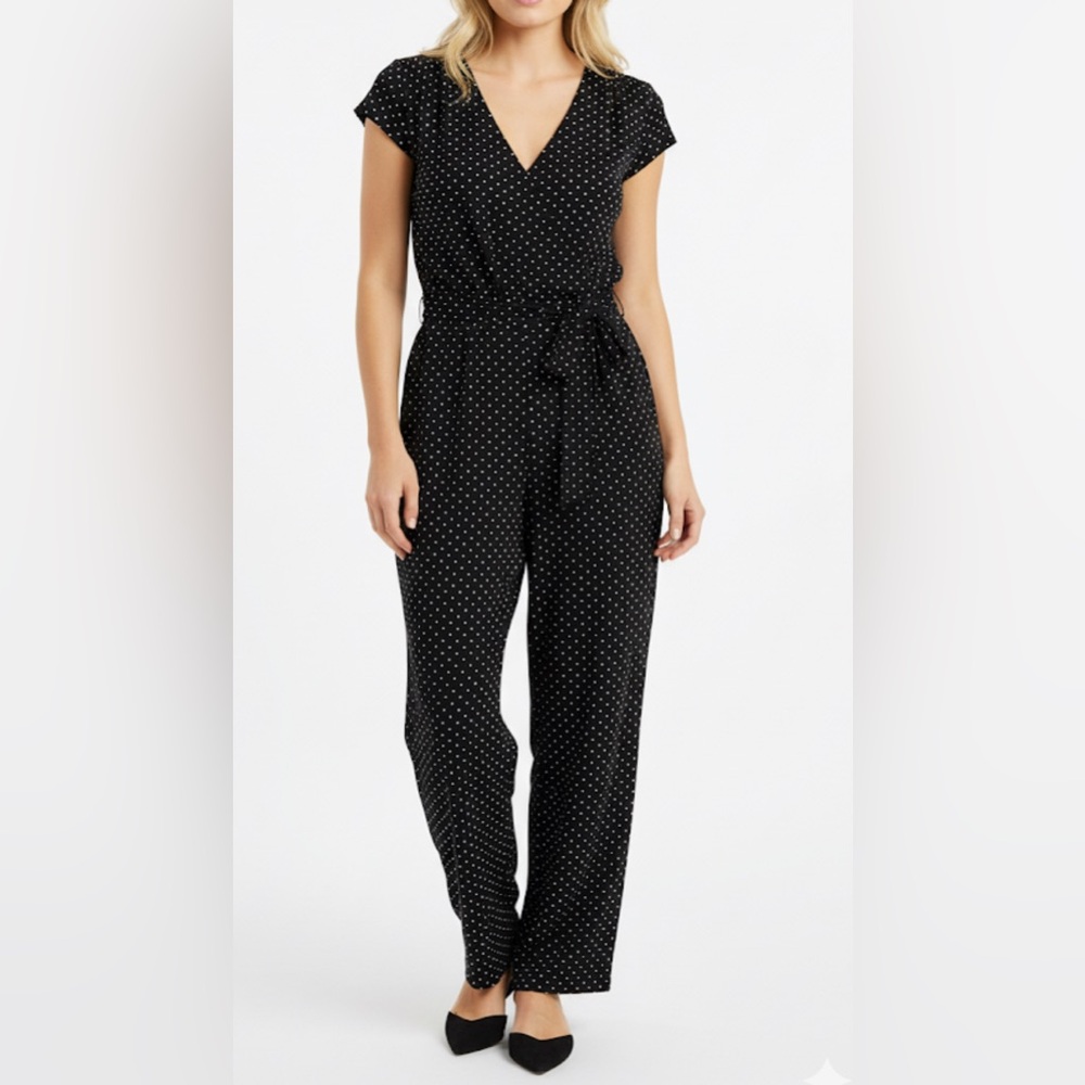 Halogen Jumpsuit Womens Sz Small Petite Black White Polka Dots Short Sleeved NWT